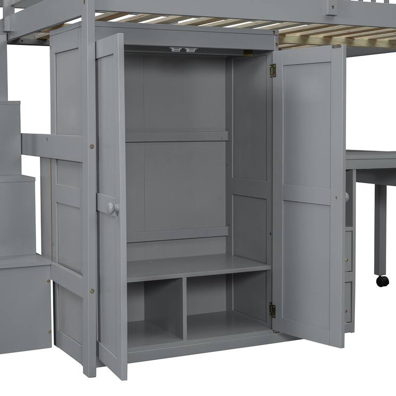 Kids Loft Bed with Desk, Stairs, Wardrobe, Bookshelf & Storage Drawers - Multifunctional Space-Saving Furniture