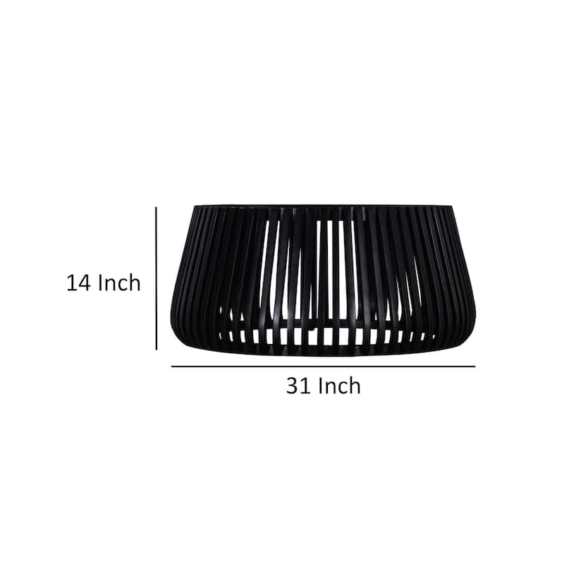 Coffee Table, 31 Inch Round Top, Slatted Drum Shape, Black Mango Wood