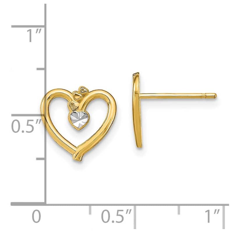 Curata 10k Yellow Gold Rhodium Sparkle Cut Love Heart Post Earrings - 10x11mm