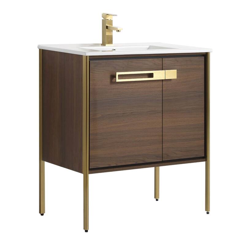 Fine Fixtures Oakville Bathroom Vanity with White Ceramic Sink - 30 Inch - Walnut Ebony - Satin Brass Hardware