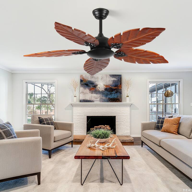 52"Tropical Ceiling Fan (No Light), Palm Leaf Indoor/Outdoor Ceiling Fan for Patio & Living Room, Reversible Fan, Black Bronze