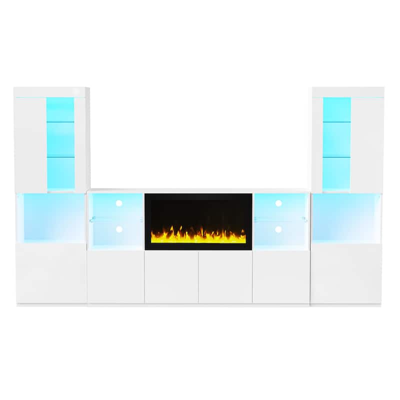 TV Stand with 34.2" Non-heating Electric Fireplace,Entertainment Center with LED Light,Tempered Glass Shelves for TVs up to 75"