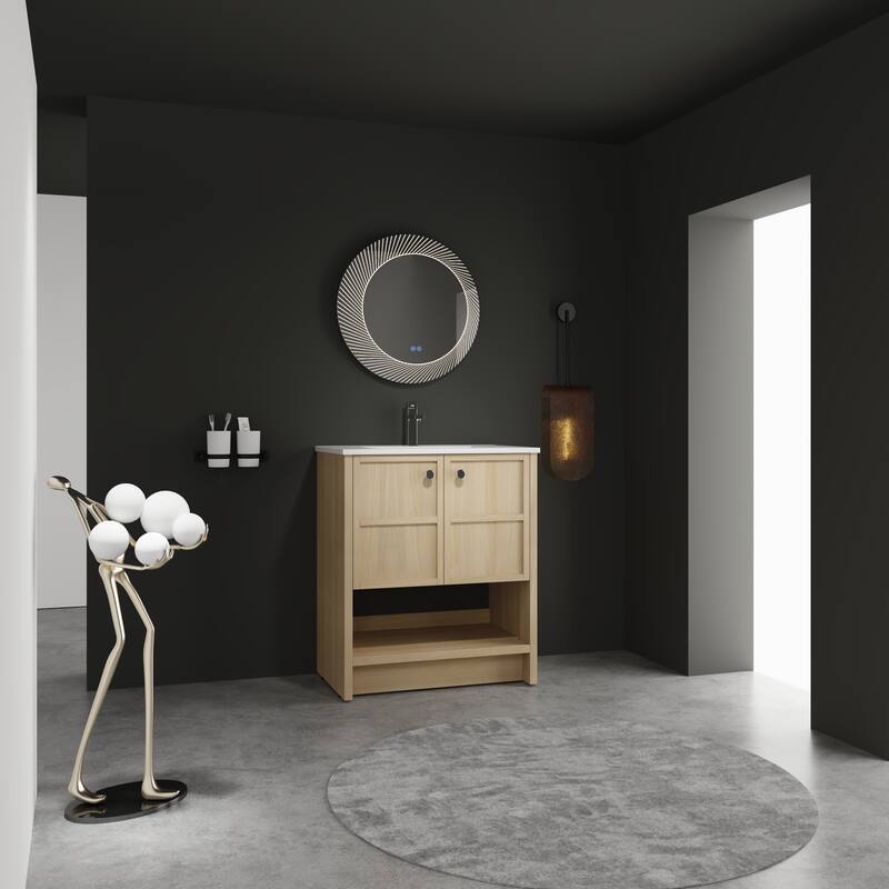 GDFStudio - Bergen Modern Minimalist Freestanding Bathroom Vanity Cabinet with Ceramic Sink, Soft Close Doors& Open Shelf - 30"
