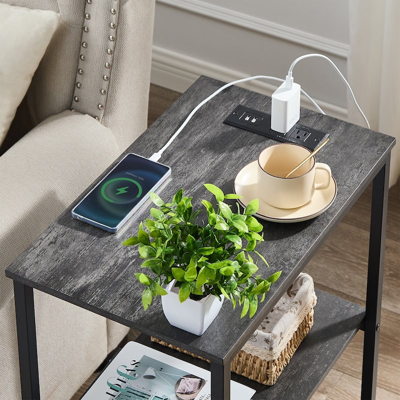 VECELO Industrial Nightstand with Charging Station 3-Tier End Table Bedside Table Black Steel Frame for Small Spaces