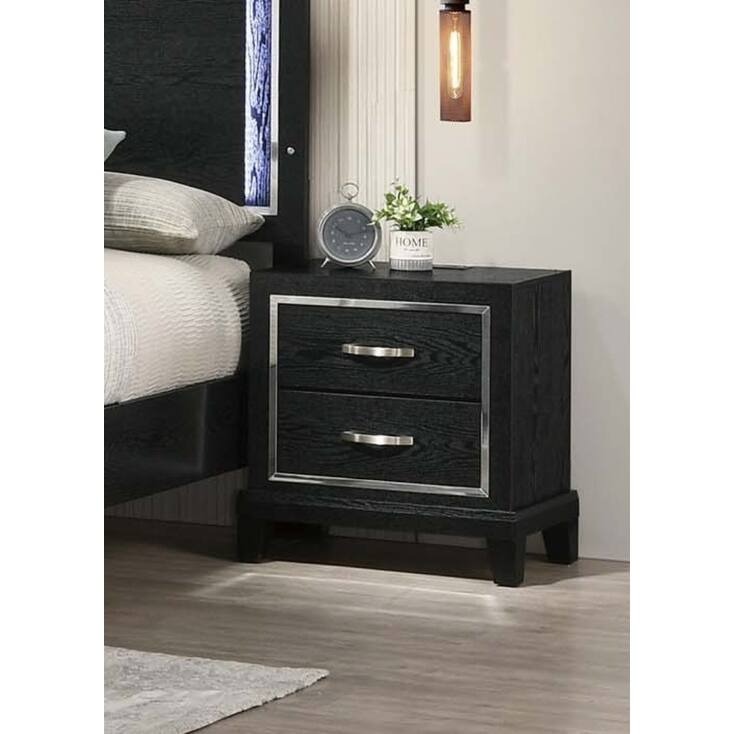 Contemporary Nightstand with USB Port - Black Finish, Chrome Handles & Tapered Legs