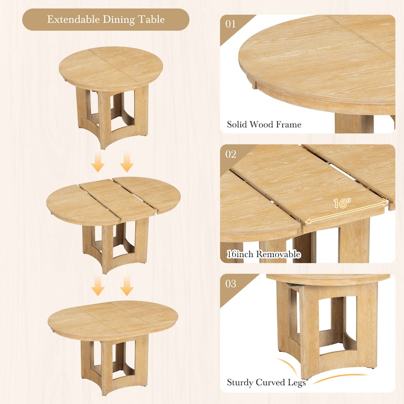 Roomfitters 5-Piece Extendable Round Dining Table Set, Farmhouse Kitchen Table with 16" Leaf and 4 Chairs