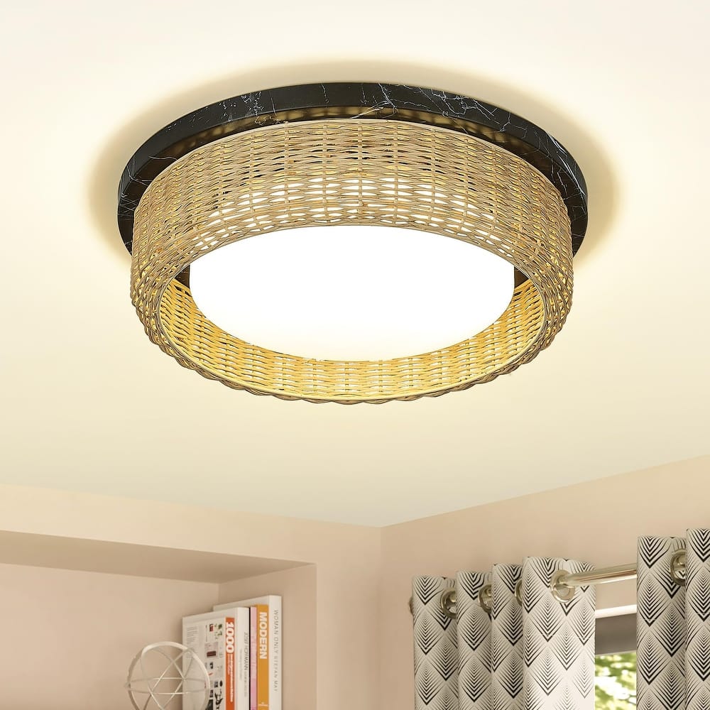 12.6 /15 Inch Rattan Dimmable LED Ceiling Light, Painted Wood