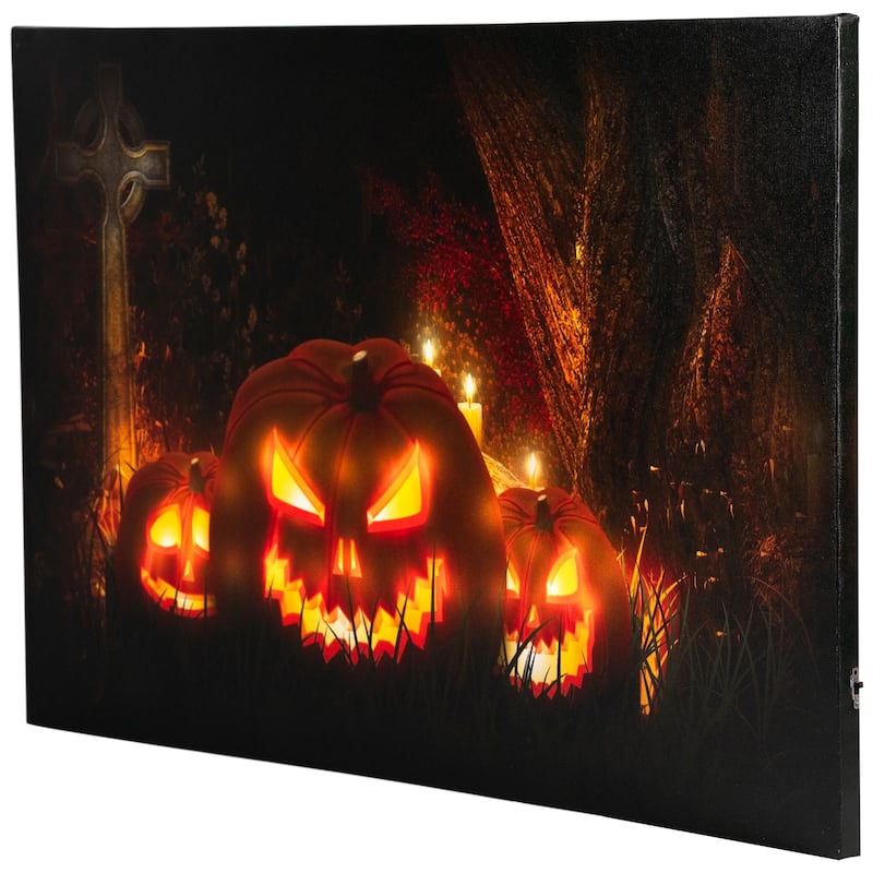 LED Jack-O-Lanterns a Cemetery Halloween Canvas Wall Art 23.5"x15.5"