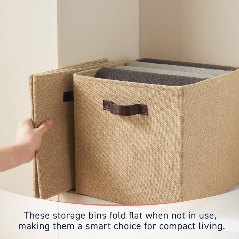 6 Pack Jute Fabric Storage Cube Bin with Faux Leather Handles