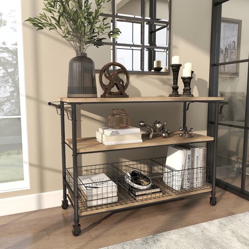 Wood Rolling Cart 3 Drawers and 1 Shelf Storage Unit with Black Wire Baskets - Brown - Roche River Decor