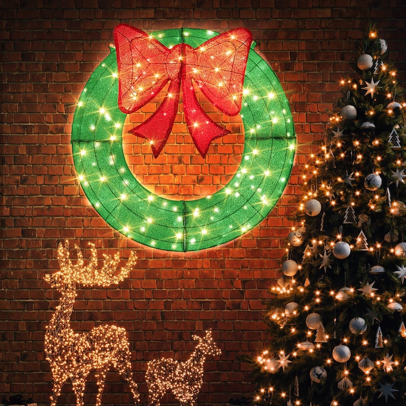 Gymax 48 Inch Pre-Lit Christmas Wreath w/ 200 LED Lights Red Bow