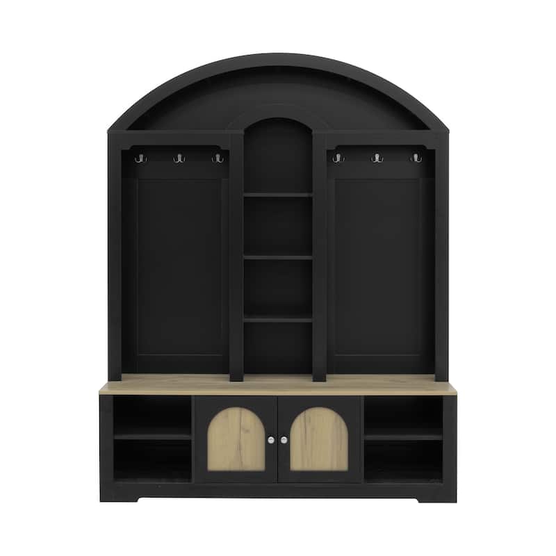 Modern Hall Tree, Multi-Functional Wardrobe with Shoe Rack & Hooks - Sturdy MDF Entryway Closet Organizer