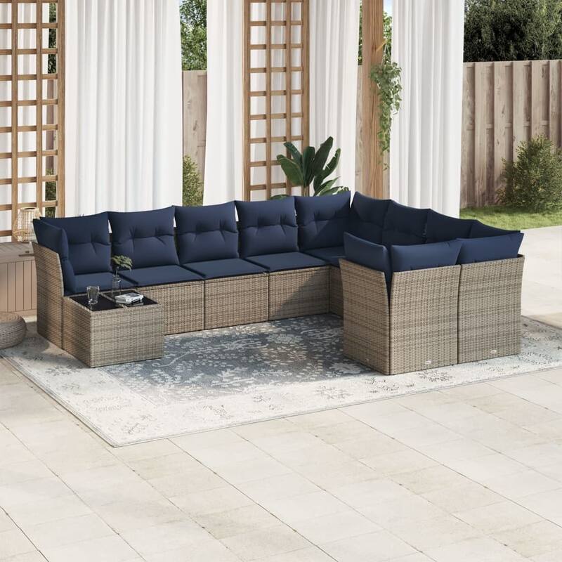 vidaXL 10 Piece Patio Sofa Set with Cushions Black/Brown/Gray Poly Rattan - 21.7 x 24.4 x 27.2 - Beige and gray