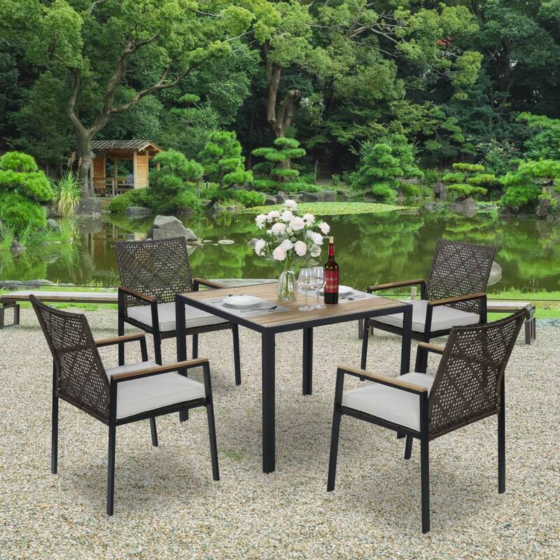 5-Piece Outdoor Steel Dining Table Set with Umbrella Hole, 4 Chairs