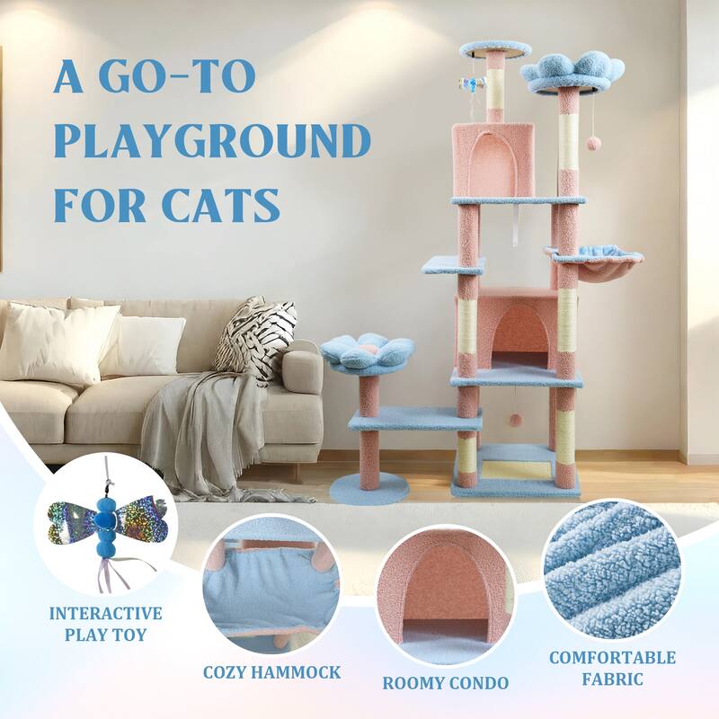 71 inch Flower Cat Tree With large Condo Removable Flower Cushion and Hammock