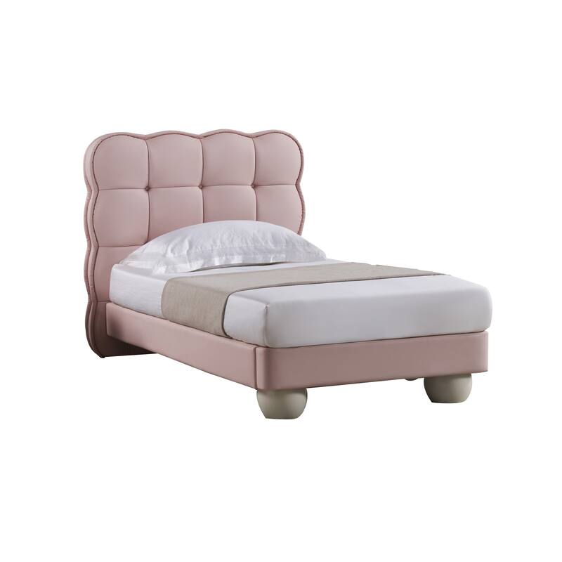 Jeny Queen Size Bed, Pink Leather Upholstered Tufted Headboard, Wood