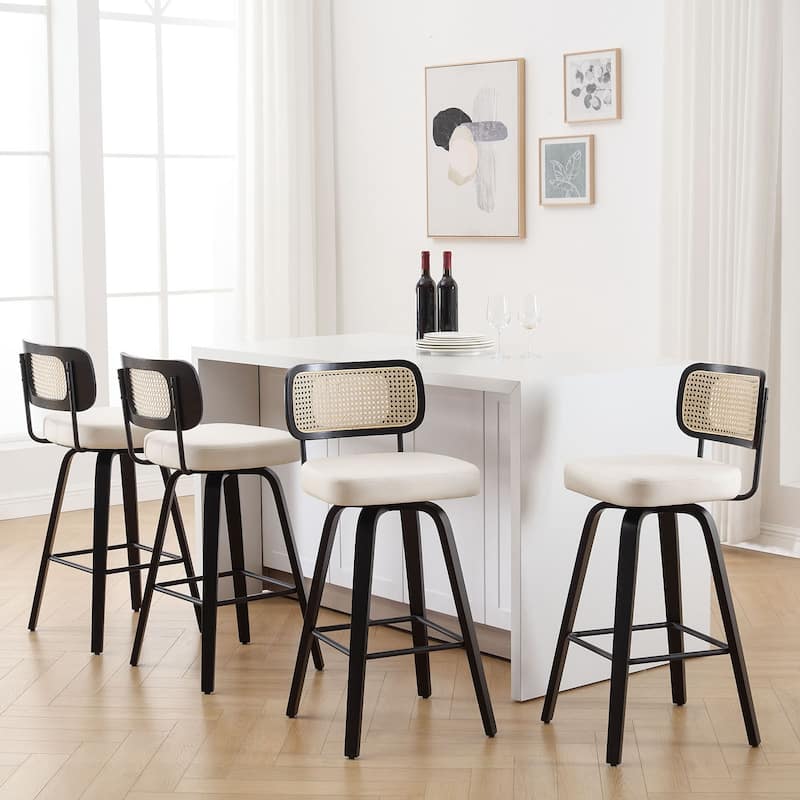 26"/29" Swivel Counter/Bar Stools with Black Bentwood Legs - Set of 4 - Cream-Rattan Back - Counter Height