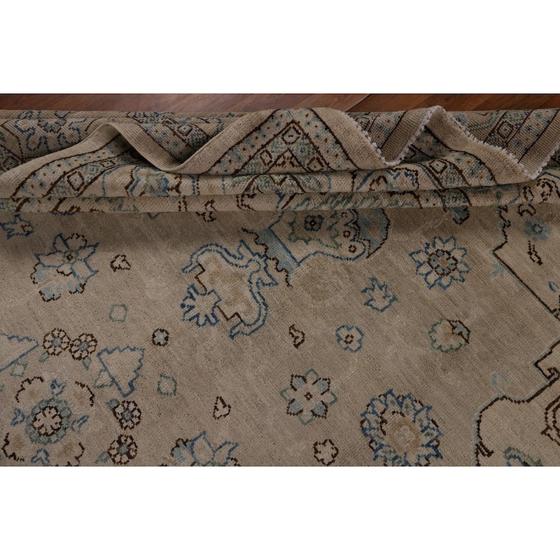 Vegetable Dye Oushak Turkish Rug Handmade Beige Floral Wool Carpet - 7'10"x 9'6"