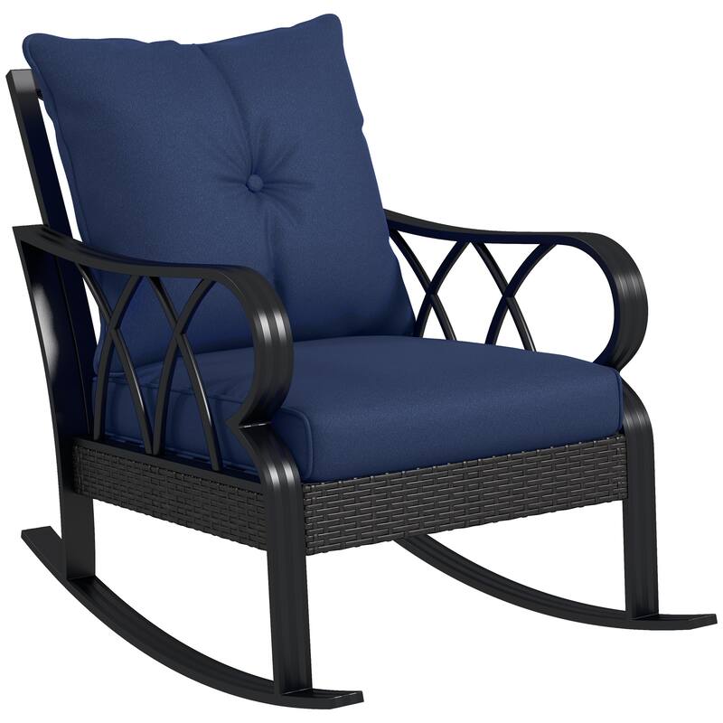 Outdoor Wicker Rocking Chair with Padded Cushions, Aluminum Furniture Rattan Porch Rocker Chair w/ Armrest