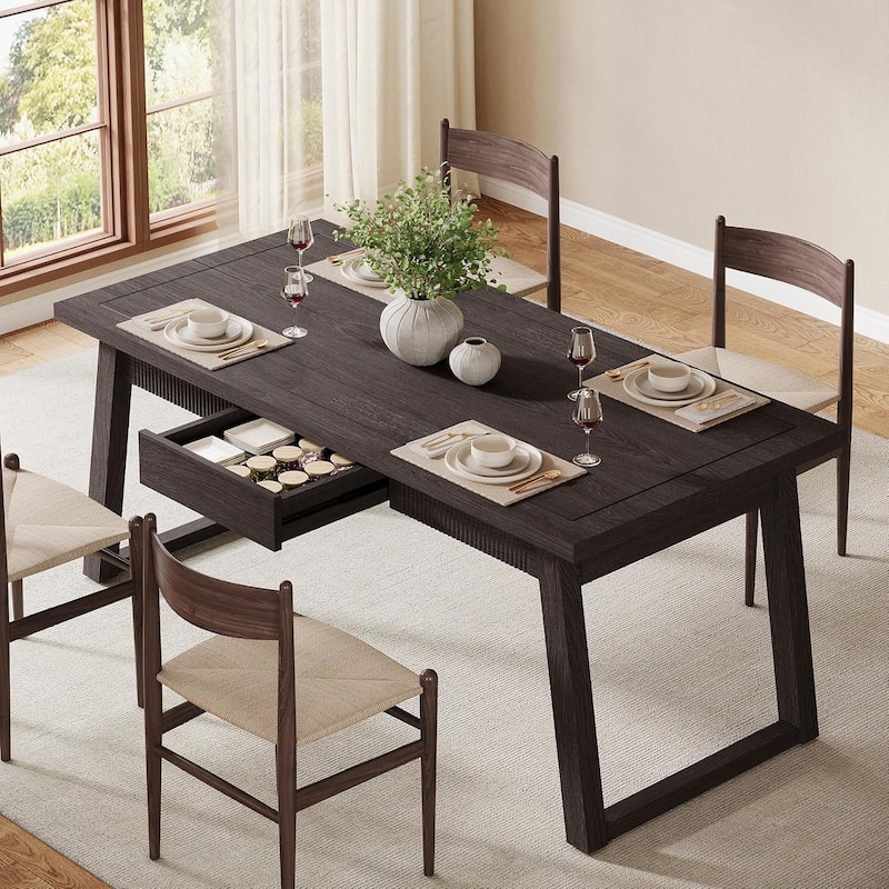 55 Inches Dining Table with Storage Drawer, Rectangular Dinner Kitchen Table - Black Oak