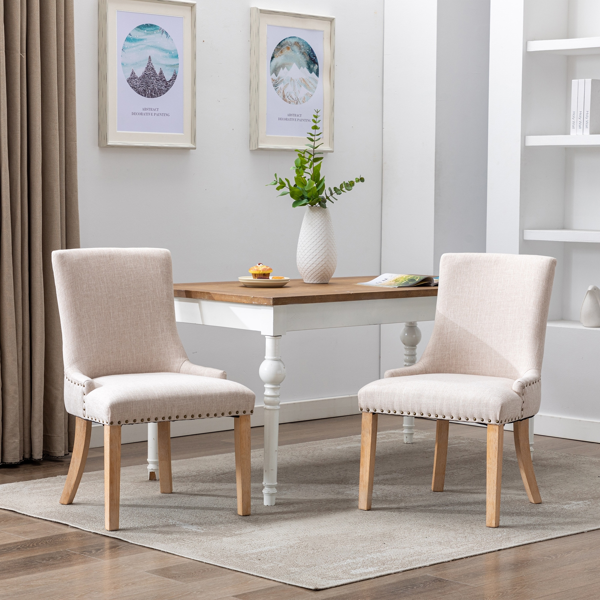 Beige Fabric Dining Chairs Leisure Padded Chairs with Rubber Wood