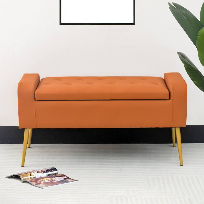 Adeco Upholstered Storage Ottoman Entryway Bench with Metal Legs