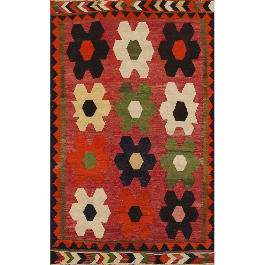 Vegetable Dye Red Geometric Kilim Qashqai Persian Vintage Wool Carpet - 4'10"x 8'0"