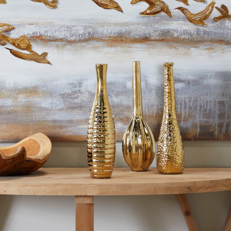 Ceramic Slim Textured Bottleneck Vase with Varying Patterns - Set of 3 Silver, Gold, White - Roche River Decor