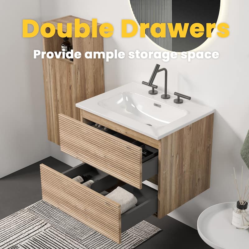 24" Wall-Mounted Bathroom Vanity with Integrated Ceramic Sink & Overflow, Large Storage Floating Vanity