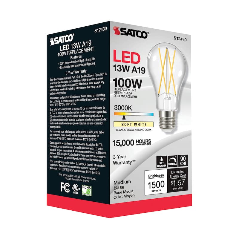 12.5 Watt LED A19 Clear Medium Base 3000K 90 CRI 120 Volt - N/A