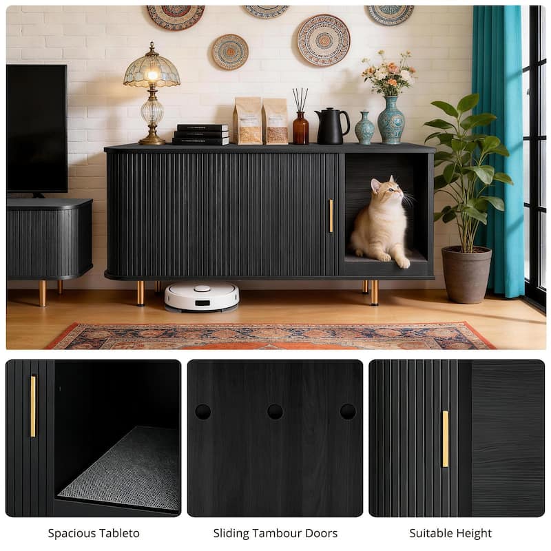 38.5" Cat Litter Box Enclosure with Scratch Pad and Sliding Door,Cat Hidden Litter Box Cabinet,Modern Indoor Cat House,TV Stand