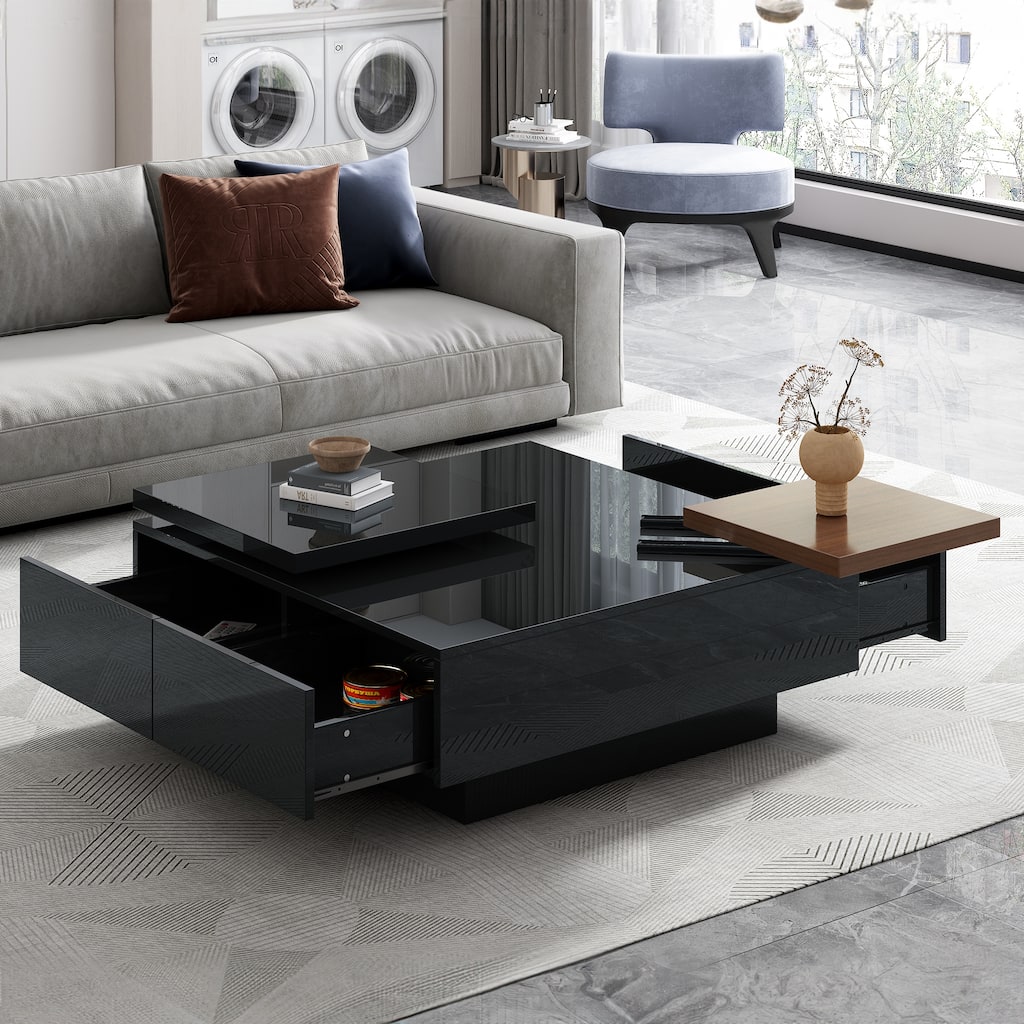 Modern Square Wooden Coffee Table Movable Top Coffee Table with 4 Hidden Storage Drawers, for Living Room