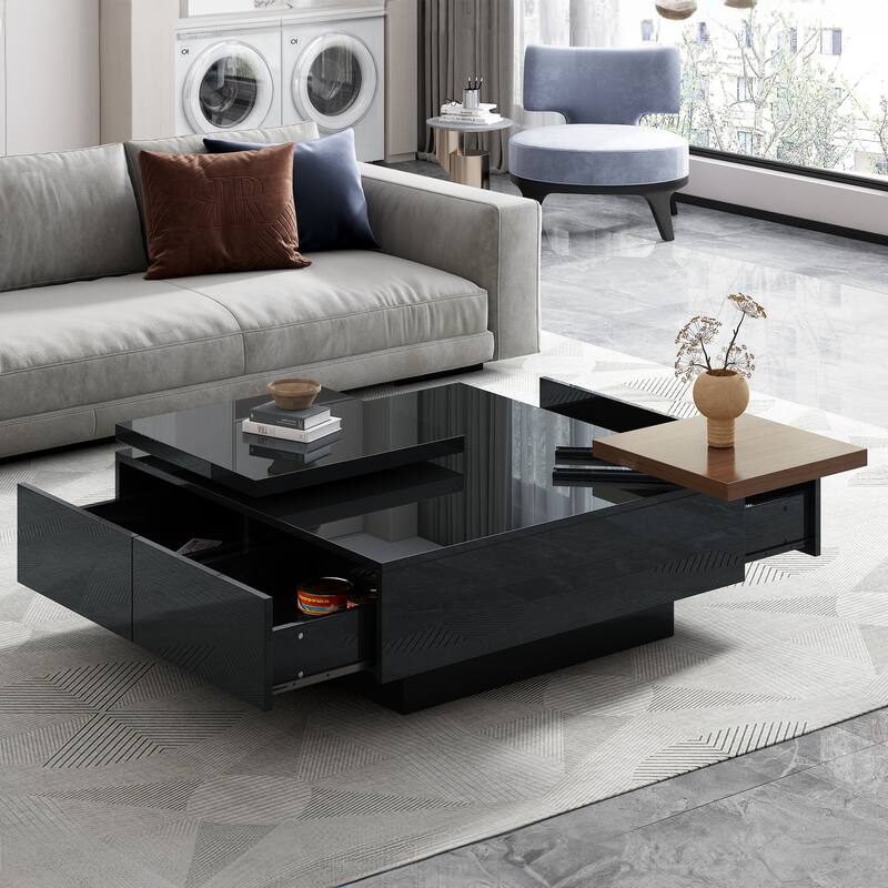 Roomfitters Modern Square Coffee Table with Movable Top and Hidden Storage Compartments, High Gloss Finish, Black - Black