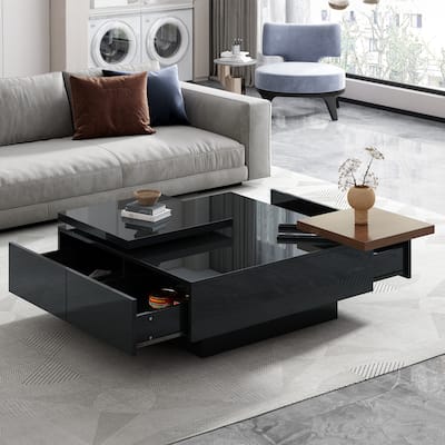 Roomfitters Modern Square Coffee Table with Movable Top and Hidden Storage Compartments, High Gloss Finish, Black