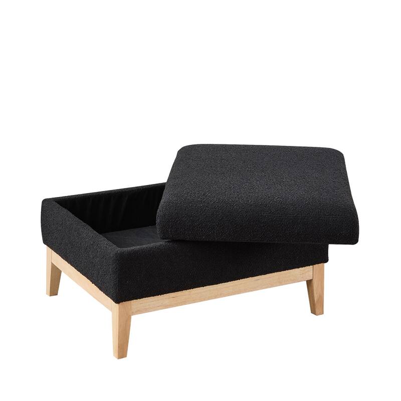 35" Farmhouse Style Boucle Single Sofa Accent Chair with Storage Footstool, Natural Wood Legs for Living Room, Office
