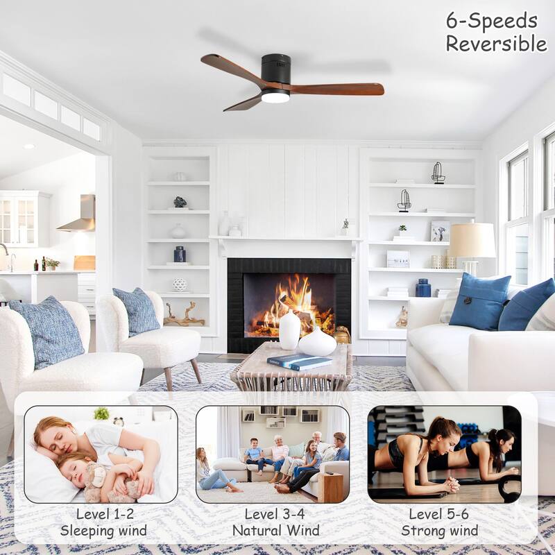 52-inch Ceiling Fan with Light, 3 Wood Blades, Remote Control, Reversible DC Motor for Living Room - Black + Dark Walnut