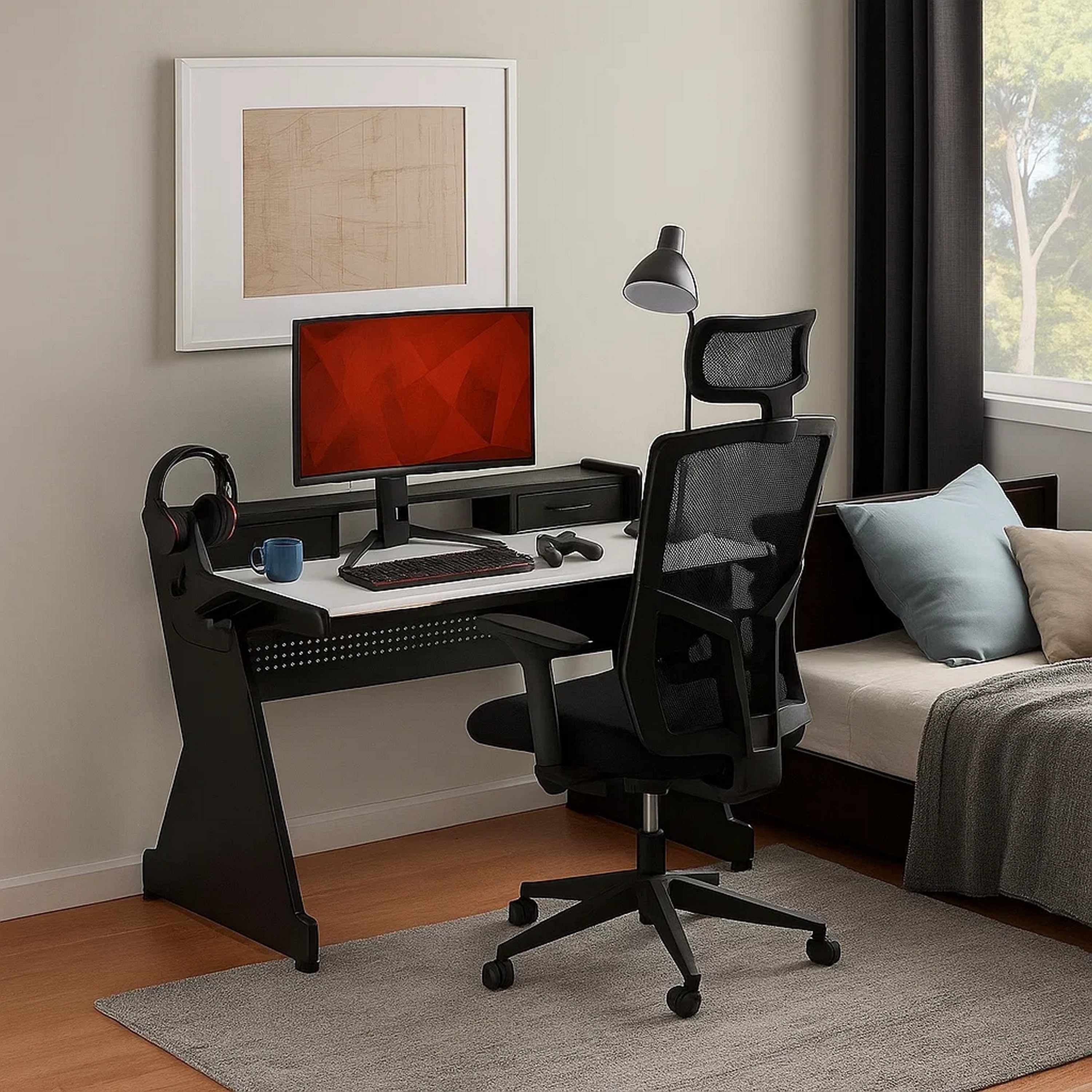 Gaming Table with Cup Holder and Headset Rack, Black and White