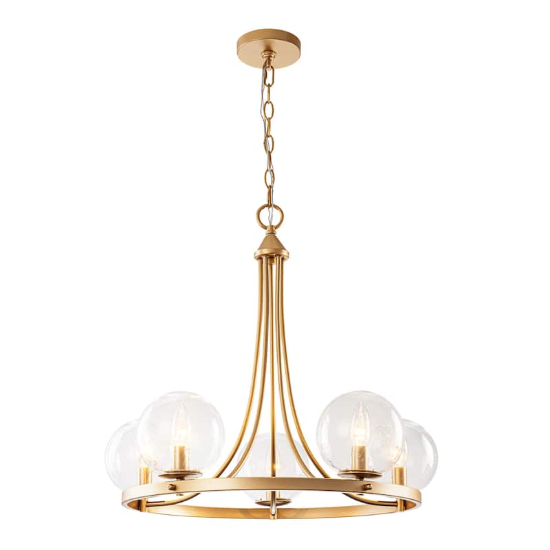 24.4" W 5-Light Mid-Century Modern Gold Wagon Wheel Ring Chandelier with Seeded Glass Globe Shades for Living & Dining Room