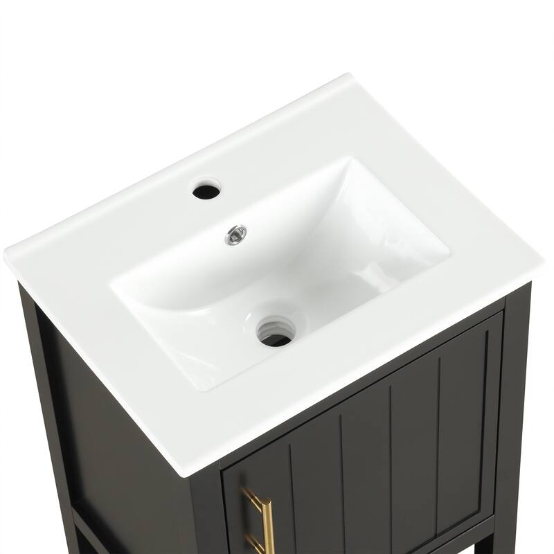 20" Vertical Stripe Single Door Cabinet Bathroom Vanity with Sink, Soft Closing Door, Storage Rack, Gold Handle and Open Shelf