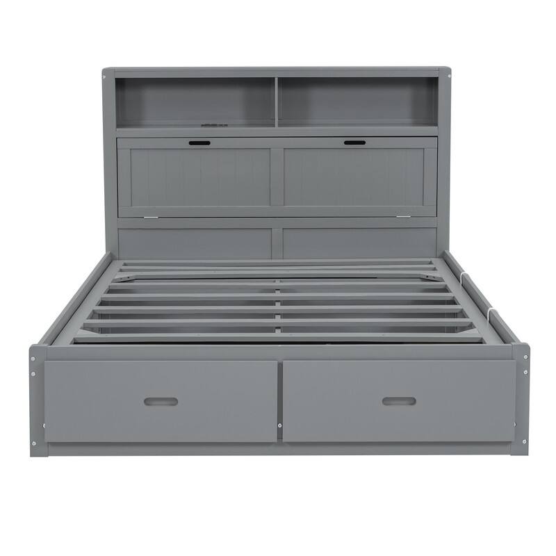 Full/Queen Size Hydraulic Storage Platform Bed Frame with LED, Charging Station and 2 Drawers