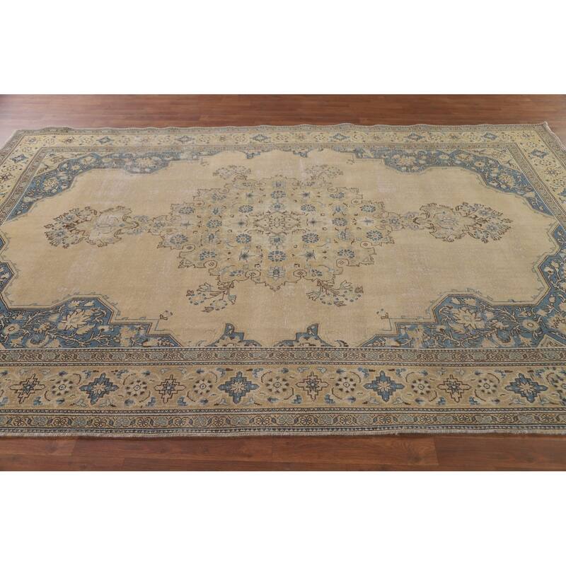 Hand Knotted Oriental 100% Wool Carpet Traditional Medallion Beige & Ivories Tabriz Area Rug - 10' 3'' X 6' 9''