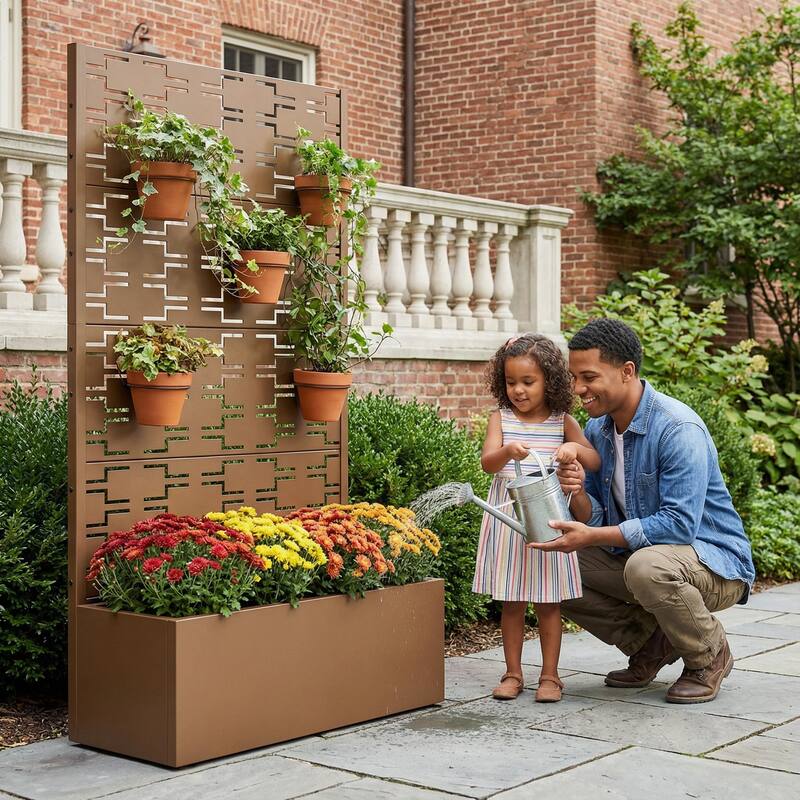 Metal Galvanized Planter Box with Trellis Privacy Screen Lockable Wheels