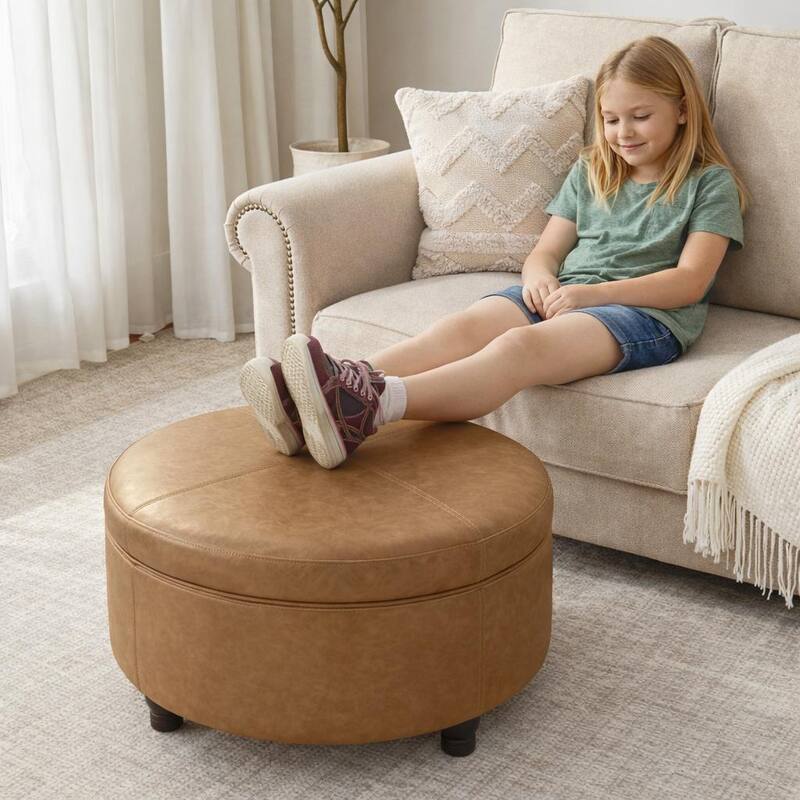 Faux Leather Round Storage Ottoman