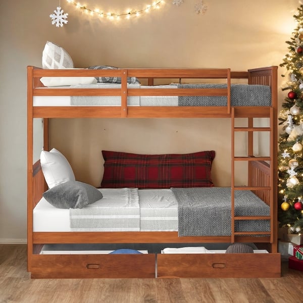 slide 2 of 15, Luxury Full-Over-Full Bunk Bed with Ladders and Two Storage Drawers, Maximized space, Solid Construction, Walnut Walnut