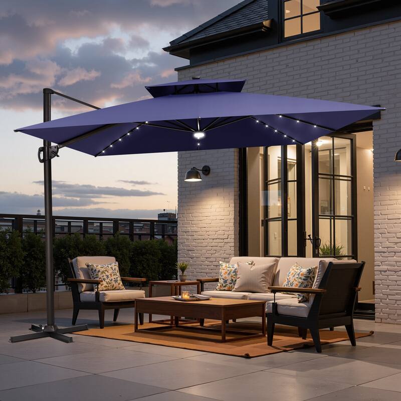 11 FT Outdoor Square Solar Powered LED Double Top Patio Cantilever Umbrella - Navy Blue