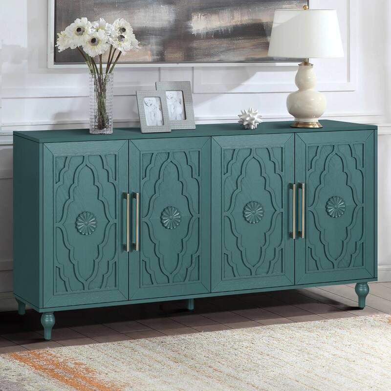63" Large Storage Cabinet Buffet Sideboard with Adjustable Shelves, Carved Entrance Cabinet Cupboard TV Console for Living Room