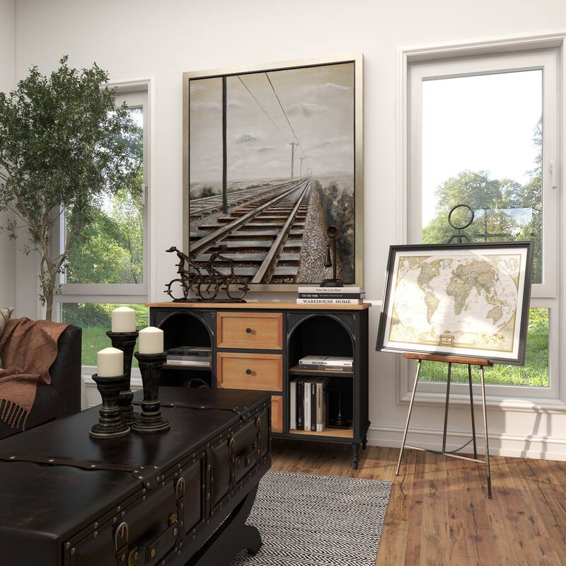 Black Metal Large Adjustable Display Easel with Chain Support and Wood Tray