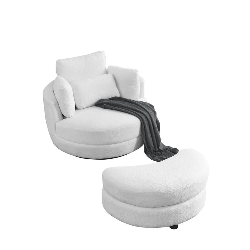 Oversized Teddy Fabric Swivel Barrel Chair with Moon Ottoman & 4 Pillows