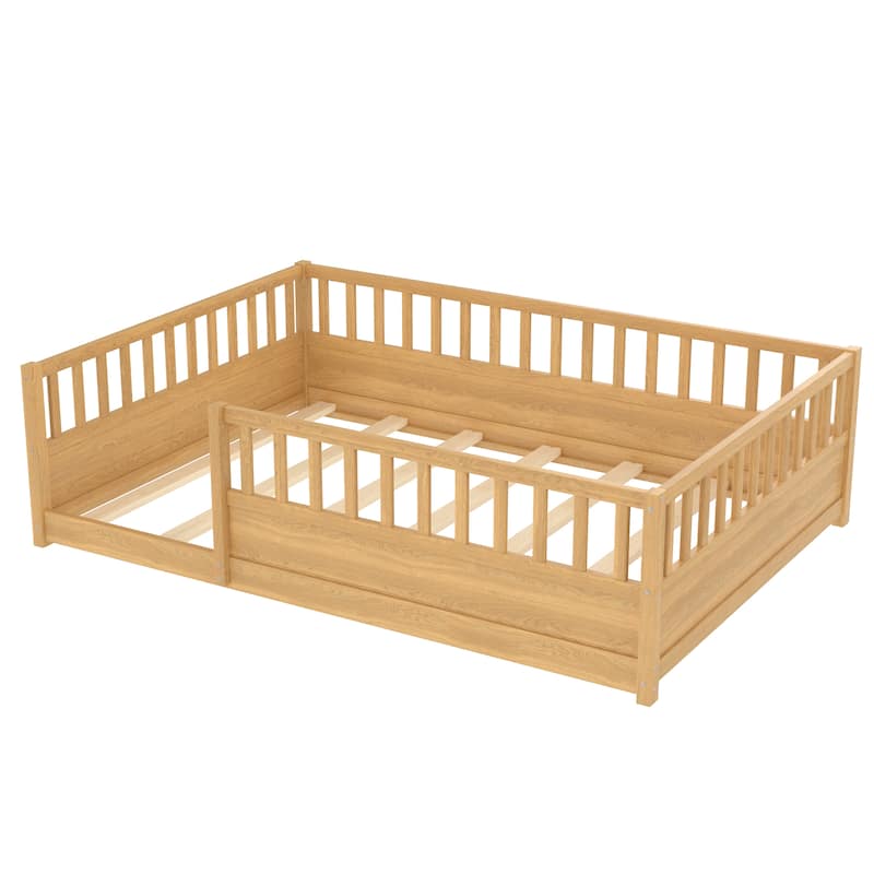 Floor Bed Pine Wood Bed Frame with Fence for Kids Easy Assembly
