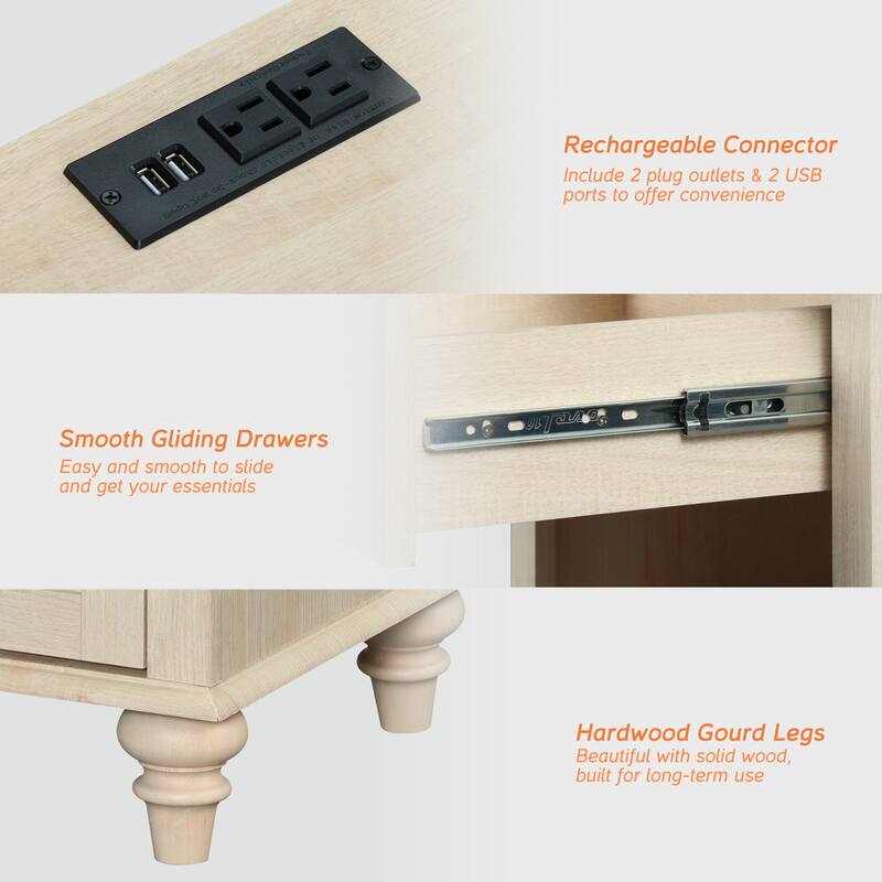 Farmhouse Nightstand Bedside Table, Wood 2-Drawer Side Table